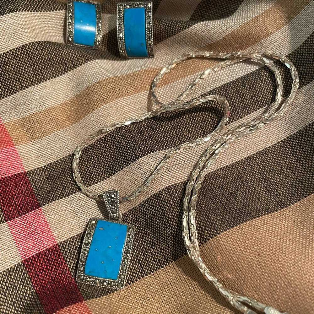 Three piece  necklace and earringsTurquoise and sterling silver. W marcasite